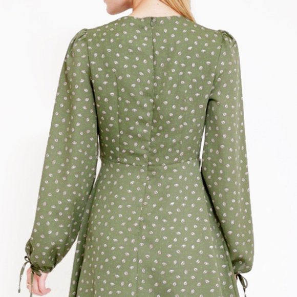 Olive Sage Green Faux Wrap Asymmetric Button Dress - Picture 6 of 8